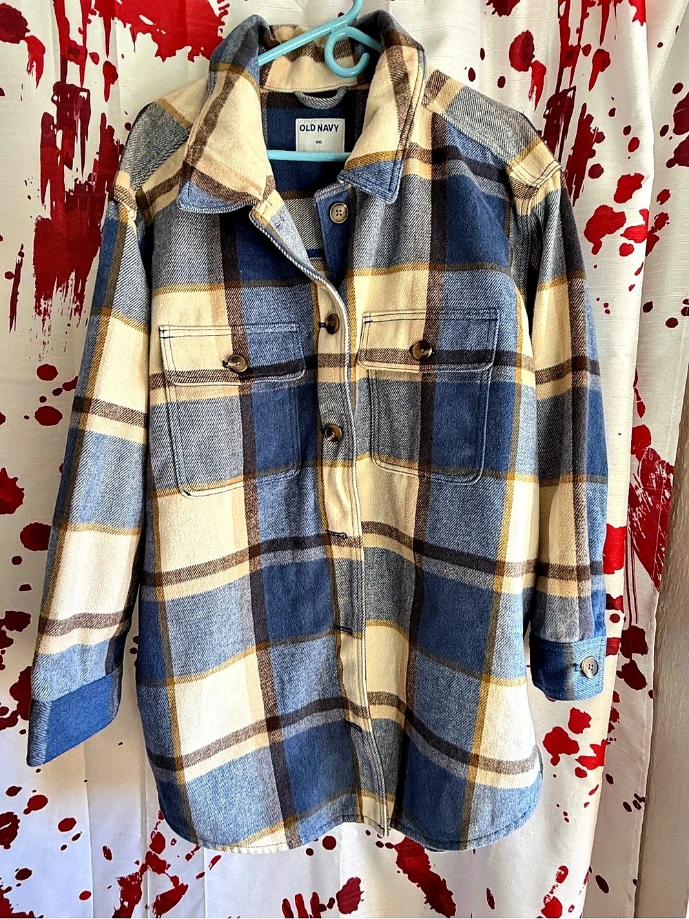 Old Navy Plaid Flannel Shacket Blue & Cream XXL